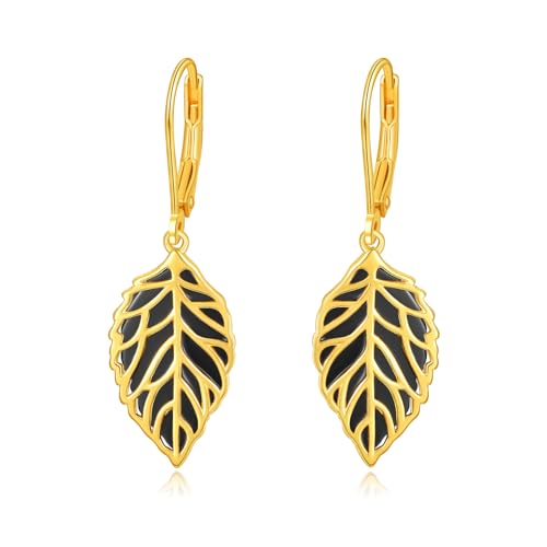 TANGPOET Onyx Ohrringe Silber 925 Blatt Ohrringe Hängend Gold Filigrane Boho Ohrringe Hängend Hängeohrringe Geschenke für Damen von TANGPOET