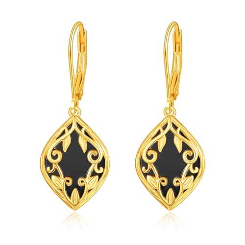 TANGPOET Onyx Ohrringe Silber 925 Filigrane Ohrringe Onyx Schmuck Damen Ohrringe Hänger Gold Boho Ohrringe Hängeohrringe Geschenke für Damen von TANGPOET