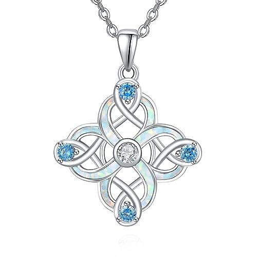 TANGPOET 4 Blatt Klee Halskette 925 Sterling Silber Opal Vierblättrige Kleeblatt Anhänger Unendlichkeit Keltische Knoten Kette Valentinstag Schmuck Geschenke für Frauen Mädchen Damen von TANGPOET