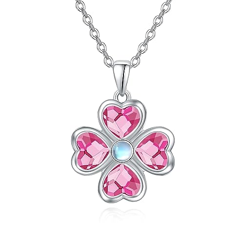 TANGPOET 4 Blatt Klee Halskette 925 Sterling Silber Rosa Kristall Vier Klee Anhänger Vierblättrige Kleeblatt Kette Valentinstag Schmuck Geschenke für Frauen Mädchen Damen von TANGPOET