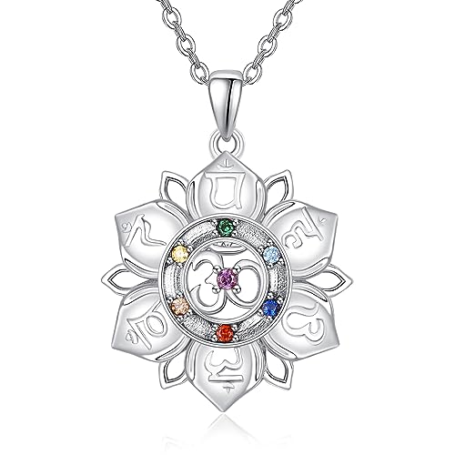 TANGPOET 7 Chakra Halskette für Damen Sterling Silber 925 LotusBlume Chakren Anhänger mit Heilstein Spirituell Om Schmuck Geschenk für YogaLiebhaber mit 18" +2" Kette von TANGPOET
