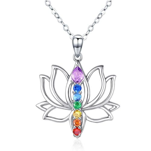 TANGPOET 7 Chakra Kette für Damen Frauen Silber 925 Lotusblume Chakren Anhänger Halskette Heilschmuck Spirituelle Esoterik Schutz Geschenke für Geburtstag Muttertag Weihnachten Valentinstag von TANGPOET