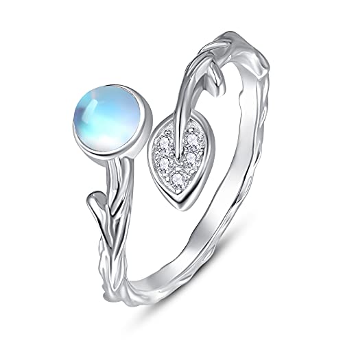 TANGPOET Mondstein Ringe Blattring für Frauen Ring 925 Sterling Silber Mondstein Ring Einstellbare Offene Ringe Schmuck Geschenke von TANGPOET