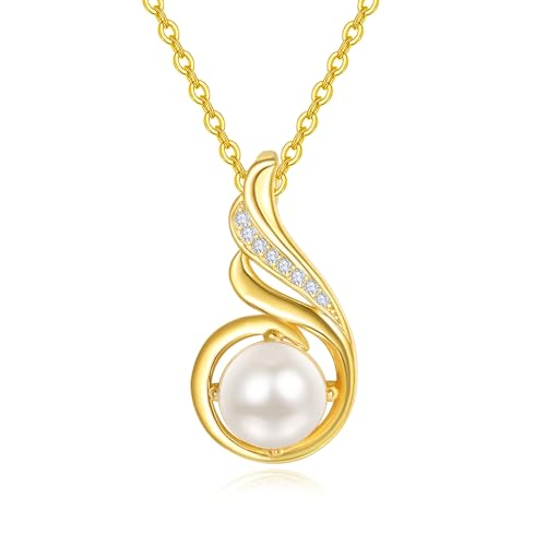 TANGPOET 925 Sterling Silber Perlenketten für Damen 14K Vergoldeter 8mm Perlenanhänger Halskette Einzelne Simulierte Weiße Perlen Schmuck Geschenke für Ehefrau Mutter Mädchen mit 18"+2" Kette von TANGPOET