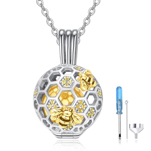 TANGPOET Asche Halskette 925 Sterling Silber Biene Urn Halskette, Urnenketten für Asche Anhänger, Geschenke für Frauen Mädchen, mit Trichter Füller Kit von TANGPOET