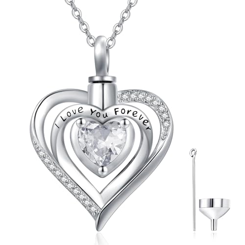 TANGPOET Asche Halskette 925 Sterling Silber Herz Urne Halskette Kremation Schmuck für Asche Anhänger für Frauen Mädchen mit Trichter Füller Kit, April von TANGPOET