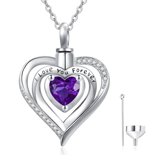 TANGPOET Asche Halskette 925 Sterling Silber Herz Urne Halskette Kremation Schmuck für Asche Anhänger für Frauen Mädchen mit Trichter Füller Kit, Februar von TANGPOET