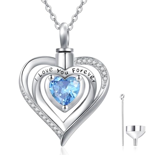 TANGPOET Asche Halskette 925 Sterling Silber Herz Urne Halskette Kremation Schmuck für Asche Anhänger für Frauen Mädchen mit Trichter Füller Kit, März von TANGPOET