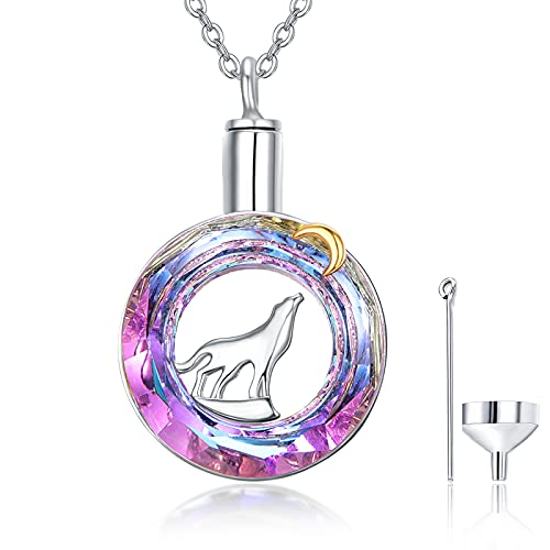 TANGPOET Asche Halskette 925 Sterling Silber Wolf Urnenketten für Asche Kristall Gedenk Kremation Schmuck für Asche Andenken Anhänger für Mama Papa Frauen Männer Haustier von TANGPOET