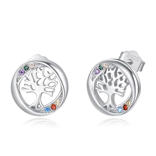 TANGPOET Baum des Lebens Ohrringe 925 Sterling Silber Lebensbaum Ohrstecker Mehrfarbig Runde Ohrstecker Schmuck Geschenke für Frauen Damen Mädchen von TANGPOET