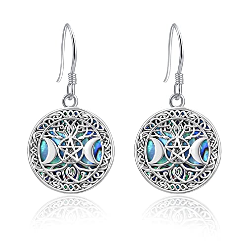 TANGPOET Baum des Lebens Tropfen Ohrringe Sterling Silber 925 Dreifach Mond Hängend Ohrringe Wiccan Pentagramm Ohrhänger Schmuck Geschenke für Damen Mädchen von TANGPOET