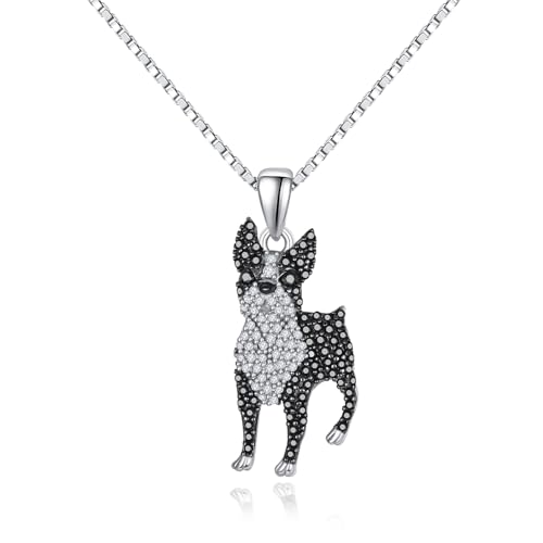 TANGPOET Boston Terrier Geschenke für Damen Frauen Männer Sterling Silber Hund Anhänger Halskette Welpenschmuck Geschenk für Hund Mama Papa für Muttertag Weihnachten Geburtstag mit 20"+2" Kette von TANGPOET