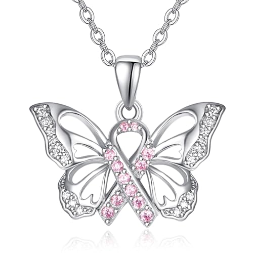 TANGPOET Brustkrebs Ketten für Damen Frauen Silber 925 Schmetterling Rosa Schleife Anhänger Halskette Schmuck Survivor Mutmacher Geschenke für Krebspatienten von TANGPOET