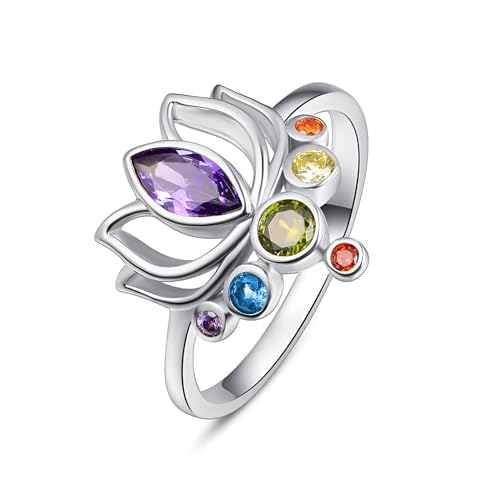 TANGPOET Chakra Ringe für Frauen 925 Sterling Silber Lotus Blume Yoga Ring, Inspirierender Daumenring, Schmuck Geschenke für Damen Mädchen Frauen, Größe 7# von TANGPOET