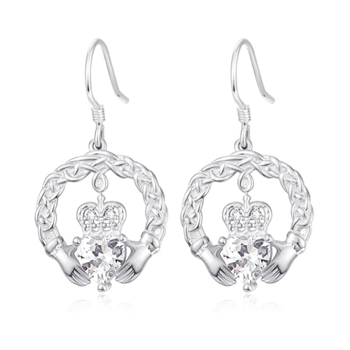 TANGPOET Claddagh Hängend Ohrringe für Damen Frauen Silber 925 Celtic Ohrhänger April Weiß Topas erstellt Diamant Geburtsstein Schmuck Geburtstagsgeschenke für sie von TANGPOET