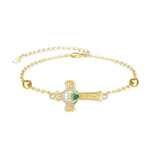 TANGPOET Claddagh Kreuz Armband für Damen Frauen Silber 925 vergoldet Smaragdgrön Herz Stein irischer keltischer Schmuck Geschenke für Geburtstag St Patricks Tag Weihnachten Frau Freundin von TANGPOET