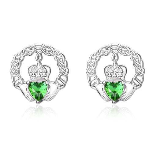 TANGPOET Claddagh Ohrringe für Damen Frauen Silber 925 Irisch Claddagh Ohrstecker Schmuck mit Smaragd grün Herz Stein Geschenke für Geburtstag Muttertag Weihnachten von TANGPOET