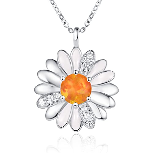 TANGPOET Daisy Halskette 925 Sterling Silber Gänseblümchen Kette Daisy Blume Anhänger Geburtstag Schmuck Geschenke für Damen Frauen Mädchen(Orange Opal) von TANGPOET