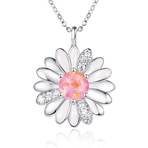 TANGPOET Daisy Halskette 925 Sterling Silber Gänseblümchen Kette Daisy Blume Anhänger Geburtstag Schmuck Geschenke für Damen Frauen Mädchen(Rosa Opal) von TANGPOET