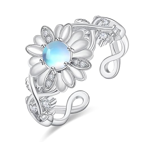 TANGPOET Daisy Ring 925 Sterling Silber Mondstein Daumenring Gänseblümchen Ringe Verstellbarer offener Ring Größe Q Schmuck Geschenke für Frauen Damen von TANGPOET