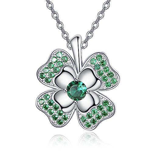 TANGPOET Vierblättrige Kleeblatt Anhänger 925 Sterling Silber Smaragdgrüne Glück Vier Blatt Klee Halskette Schmuck Geschenke für Frauen Damen Mädchen von TANGPOET