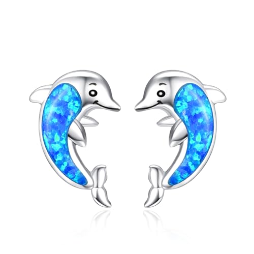 TANGPOET Delfin Ohrringe Stecker für Damen Frauen Mädchen Silber 925 Delphin Ohrstecker mit Blauem Opal Dolphin Tier Schmuck Geschenke für Sie Kinder von TANGPOET
