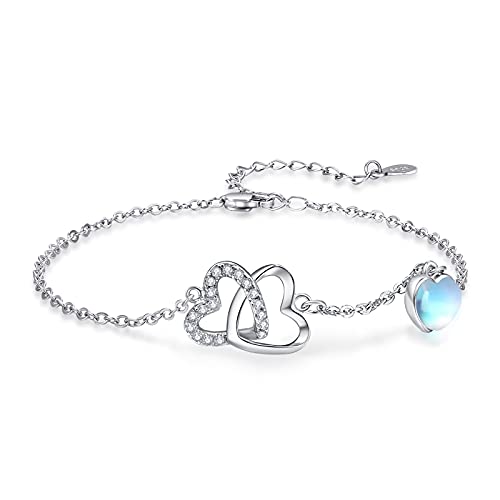 TANGPOET Doppeltes Herz Armband Sterling Silber Herz Love Armband Mondstein Armband Herz Schmuck Geschenke für Damen von TANGPOET