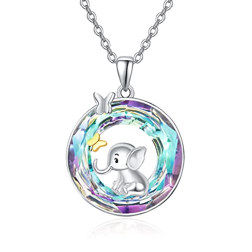 TANGPOET Elefanten Halskette 925 Sterling Silber Tier Kristall Anhänger Elefant und Schmetterling Kette Valentinstag Schmuck Geschenke für Frauen Damen Mädchen von TANGPOET