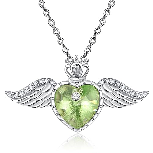 TANGPOET Engelsflügel Halskette 925 Sterling Silber Liebe Herz Kristall Kette Königin Krone Anhänger August Geburtsstein Schmuck Geschenk für Frauen Mädchen von TANGPOET