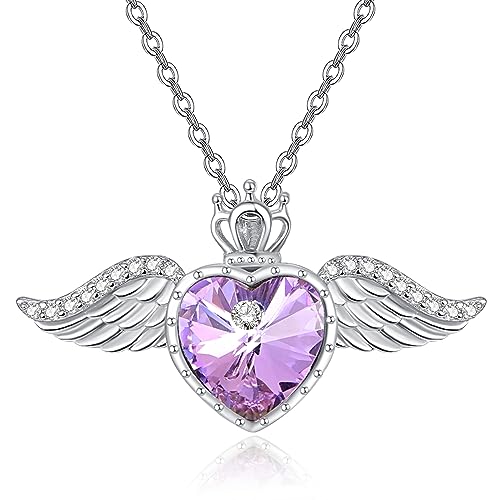 TANGPOET Engelsflügel Halskette 925 Sterling Silber Liebe Herz Kristall Kette Königin Krone Anhänger Juni Geburtsstein Schmuck Geschenk für Frauen Mädchen von TANGPOET