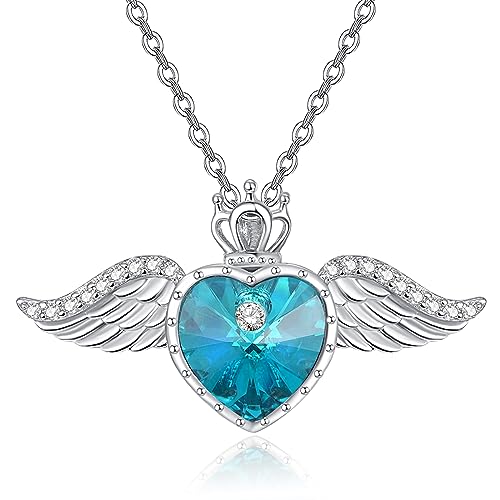 TANGPOET Engelsflügel Halskette 925 Sterling Silber Liebe Herz Kristall Kette Königin Krone Anhänger März Geburtsstein Schmuck Geschenk für Frauen Mädchen von TANGPOET