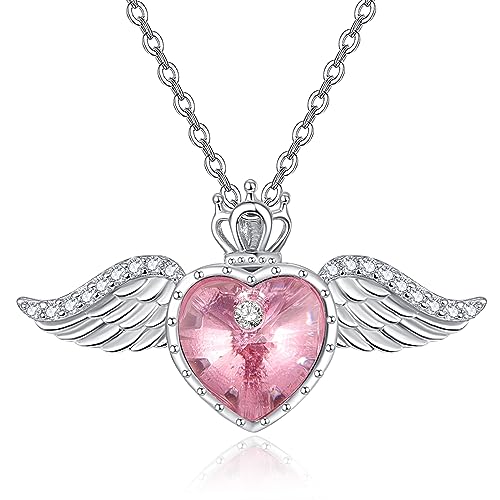 TANGPOET Engelsflügel Halskette 925 Sterling Silber Liebe Herz Kristall Kette Königin Krone Anhänger Oktober Geburtsstein Schmuck Geschenk für Frauen Mädchen von TANGPOET