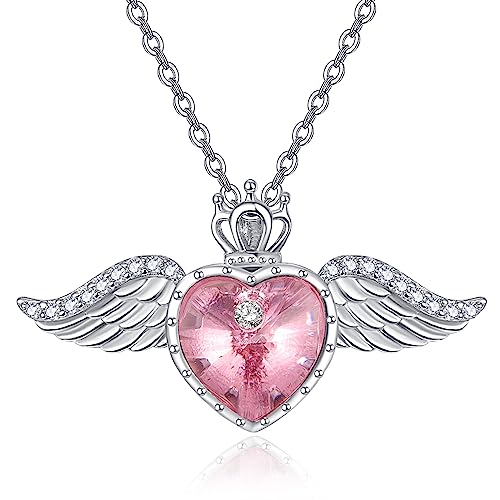 TANGPOET Engelsflügel Halskette 925 Sterling Silber Liebe Herz Kristall Kette Königin Krone Anhänger Oktober Geburtsstein Schmuck Geschenk für Frauen Mädchen von TANGPOET