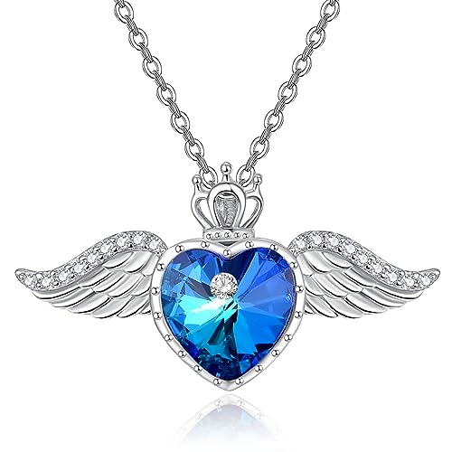 TANGPOET Engelsflügel Halskette 925 Sterling Silber Liebe Herz Kristall Kette Königin Krone Anhänger September Geburtsstein Schmuck Geschenk für Frauen Mädchen von TANGPOET