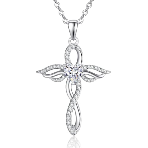 TANGPOET Engelsflügel Halskette für Frauen 925 Sterling Silber Schutzengel Anhänger, Herz Kreuz Kette, April Diamant Geburtsstein Schmuck, Geburtstagsgeschenke für sie von TANGPOET