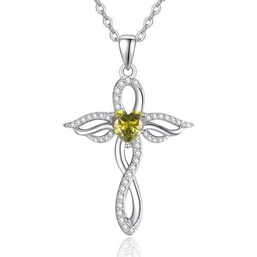 TANGPOET Engelsflügel Halskette für Frauen 925 Sterling Silber Schutzengel Anhänger, Herz Kreuz Kette, August Peridot Geburtsstein Schmuck, Geburtstagsgeschenke für sie von TANGPOET