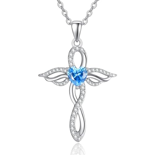 TANGPOET Engelsflügel Halskette für Frauen 925 Sterling Silber Schutzengel Anhänger, Herz Kreuz Kette, Dezember Blautopas Geburtsstein Schmuck, Geburtstagsgeschenke für sie von TANGPOET