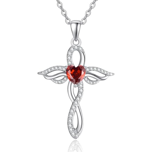 TANGPOET Engelsflügel Halskette für Frauen 925 Sterling Silber Schutzengel Anhänger, Herz Kreuz Kette, Januar Granat Geburtsstein Schmuck, Geburtstagsgeschenke für sie von TANGPOET