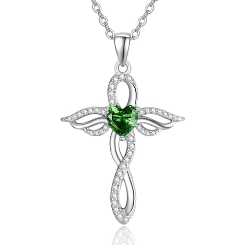 TANGPOET Engelsflügel Halskette für Frauen 925 Sterling Silber Schutzengel Anhänger, Herz Kreuz Kette, Mai Smaragd Geburtsstein Schmuck, Geburtstagsgeschenke für sie von TANGPOET