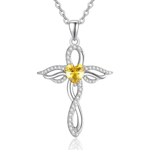 TANGPOET Engelsflügel Halskette für Frauen 925 Sterling Silber Schutzengel Anhänger, Herz Kreuz Kette, November Citrin Geburtsstein Schmuck, Geburtstagsgeschenke für sie von TANGPOET