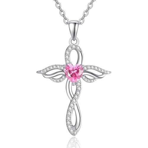 TANGPOET Engelsflügel Halskette für Frauen 925 Sterling Silber Schutzengel Anhänger, Herz Kreuz Kette, Oktober Rosa Turmalin Geburtsstein Schmuck, Geburtstagsgeschenke für sie von TANGPOET