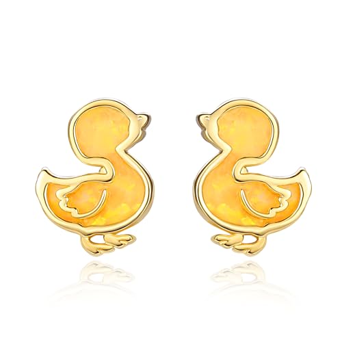 TANGPOET Ente Ohrringe für Dame Frauen Mädchen Silber 925 vergoldet gelber Opal Duck Ohrstecker Schmuck Geschenke zum Geburtstag Weihnachten Valentinstag Muttertag von TANGPOET