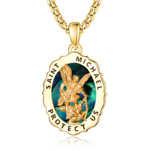 TANGPOET Erzengel Michael Anhänger Kette für Herren Männer Saint Michael Medaille Halskette 24K Vergoldet 925 Silber Abalone Muschel Christlich Schmuck Geschenke von TANGPOET