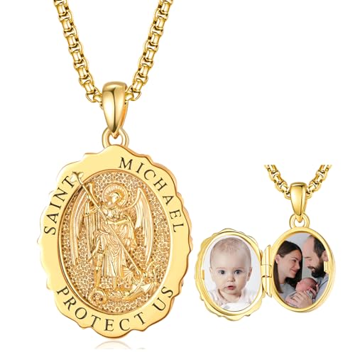 TANGPOET Erzengel Michael Medaillon Kette mit Bild für Damen Frauen Herren Männer 925 Silber vergoldet Aufklappen Foto Halskette Schutz Amulett zum öffnen Katholisch Christlichen Schmuck Geschenke von TANGPOET