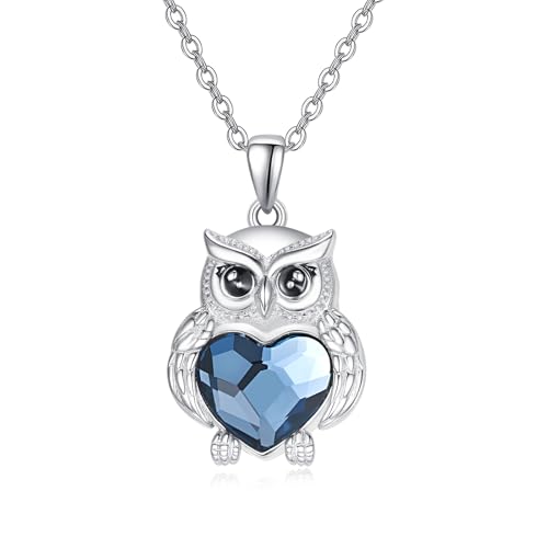 TANGPOET Eule Anhänger Kette für Damen Frauen Mädchen Silber 925 Blau Kristall Eulen Halskette Schmuck Geschenke für Geburtstag Weihnachten Valentinstag Muttertag von TANGPOET