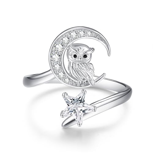 TANGPOET Eule Geschenke für Frauen Damen Mädchen Silber 925 Einstellbare Eulen Ringe Stern und Mond Offene Ring Schmuck Schneeeule Geschenke für MütterTag Valentinstag von TANGPOET