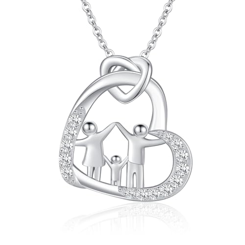 TANGPOET Familie Halskette für Mama Frauen Silber 925 Elternteil und ein Kind Liebes Herz Anhänger Schmuck Geschenke für Muttertag Geburtstag Weihnachten von Tochter Sohn with 18"+2" Kette von TANGPOET