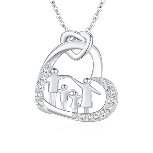 TANGPOET Familie Halskette für Mama Frauen Silber 925 Elternteil und zwei Kinder Liebes Herz Anhänger Kette für Mutter Schmuck Geschenke für Muttertag Geburtstag Weihnachten von Tochter Sohn von TANGPOET
