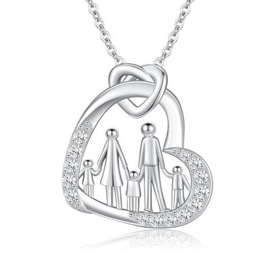 TANGPOET Familie Halskette für Mama Frauen Sterling Silber Elternteil und drei Kinder Liebes Herz Anhänger Kette für Mutter Schmuck Geschenke für Muttertag Geburtstag Weihnachten von Tochter Sohn von TANGPOET