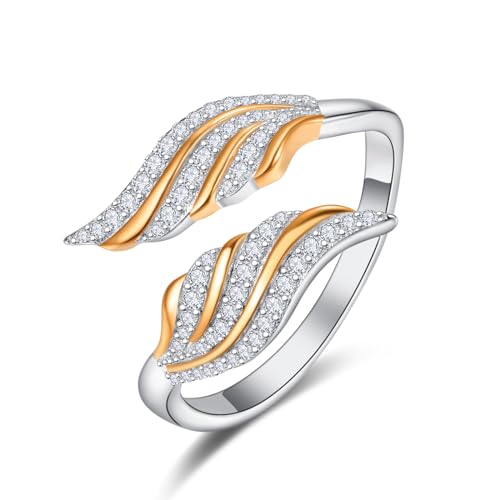 TANGPOET Feder Engel Flügel Ring 925 Sterling Silber Roségold Einstellbare Handgemachte Ring, Schmuck Geschenke für Frauen Damen Mädchen von TANGPOET